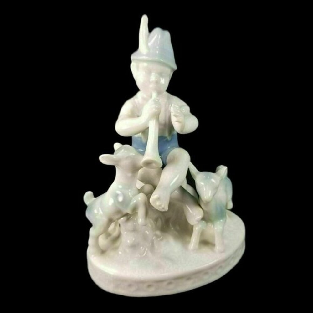 Gerold Porcelain Boy Plays‎ Horn to Two Kid Goats 5248 Bavaria West Germany